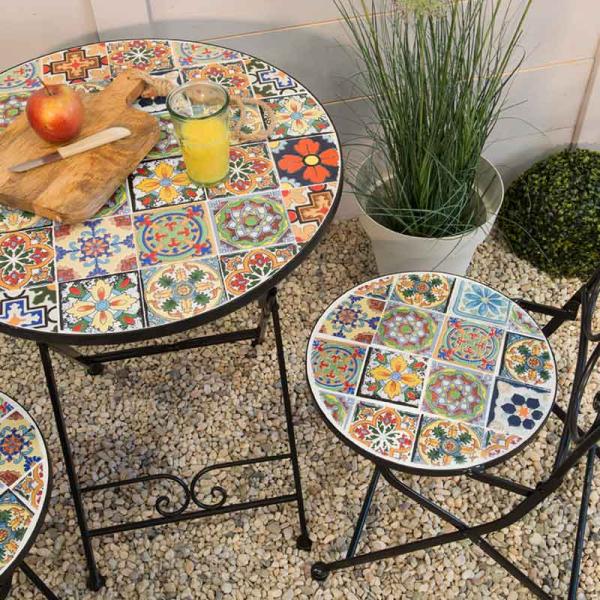 AJUNION 3pcs Outdoor Bistro Metal Table Chair Set Antique Mosaic Ceramic for Garden