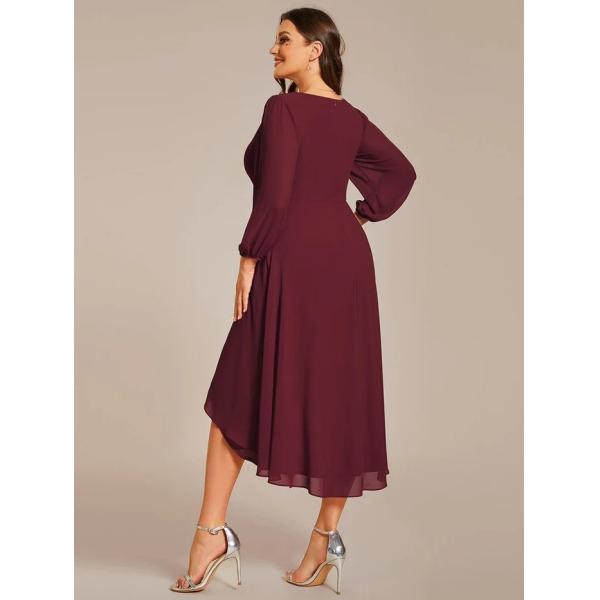 Plus Size Ruffled A-line Long Sleeve V-neck High Low Wedding Guest Burgundy Chiffon Bridesmaid Dress