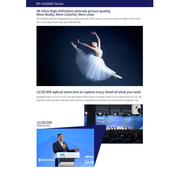 Video Output DP-UHD800 4K60 UHD NDI HX3 PoE HD-MI Dual 3G-SDI 12G-SDI IP PTZ Camera