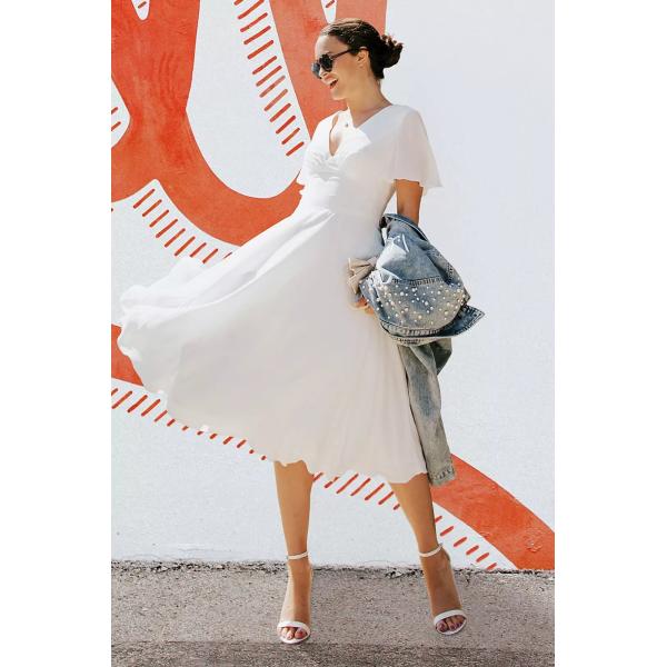 Timeless Zipper Flutter Short Sleeve Empire V-neck Open Keyhole Back A-line White Chiffon Midi-length Wedding Dress