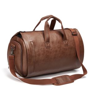 Outdoor PU Leather Travel Duffle Bag Brown With Separate Shoe Compartment