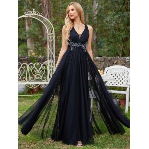 Quality Sexy Empire Beaded Sleeveless V-neck Ruffled Spaghetti Strap A-line Black Tulle Prom Dress for sale