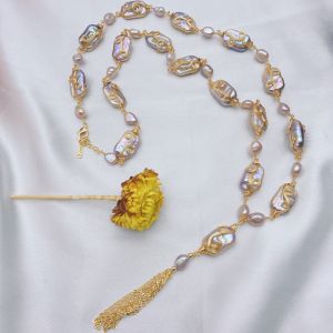 China Vintage Copper Natural Baroque Pearl Choker Necklace for Women New Thick Chain Necklace Sweater Natural Pearl Necklace on sale