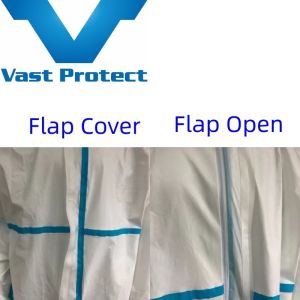 Soft Disposable White Hooded Blue Tape Microporous Coat for Surgical Supplies