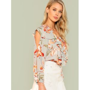 Fashion Floral Print Summer Women Blouse With Ruffle