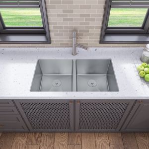 China 32''X19'' Handmade Kitchen Sink Double Bowl 18G Satin Brushed on sale