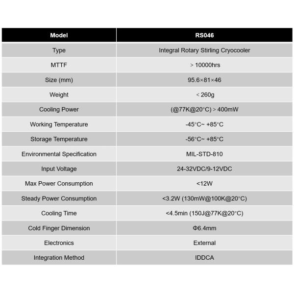 400mW RS046 Integral Rotary Stirling Cryocooler for Cooled Infrared Detectors