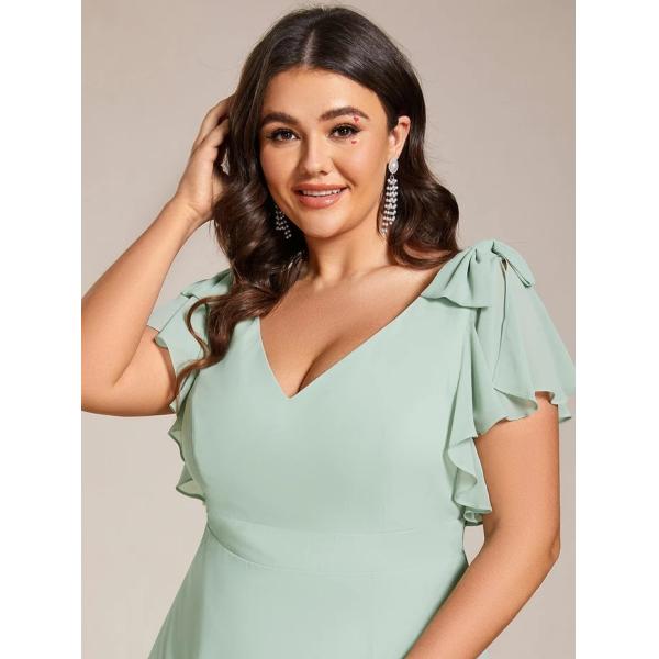 Empire Plus Size Zipper V-neck High Split A-line Short Sleeve Mint Green Chiffon Evening Dress
