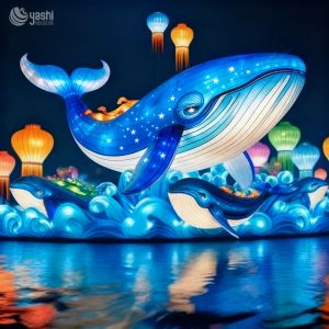 Zoo Theme Park Decorative Lanterns, Blue Whale Family Lantern, Night Water Scene