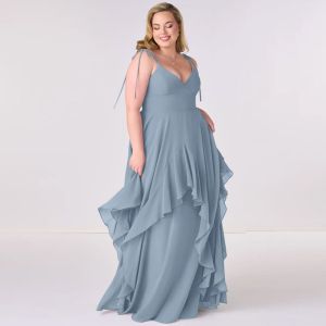 New Style V-neck Dusty Blue Chiffon Tiered A-line Bridesmaid Dress Zipper