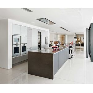 China DTC 200cm Modern Stained Kitchen Cabinets With Painted Island Breakfast Bar on sale