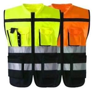 Patchwork Polyester Safety Vest With Pockets And Zipper Orange Green