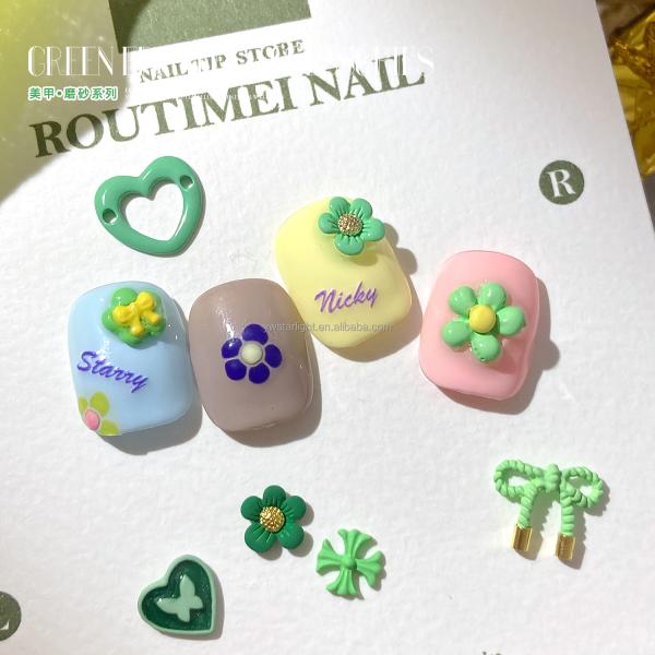 2023 new Nail charms green color frosted heart bow flowers 3d nail art summer jewelry for nail salon