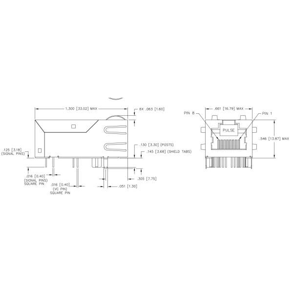 JK0-8001NL Single Port HD BASE-T RJ45 Magnetic Jack 4PAIR POE 30W Tab Up NO Led
