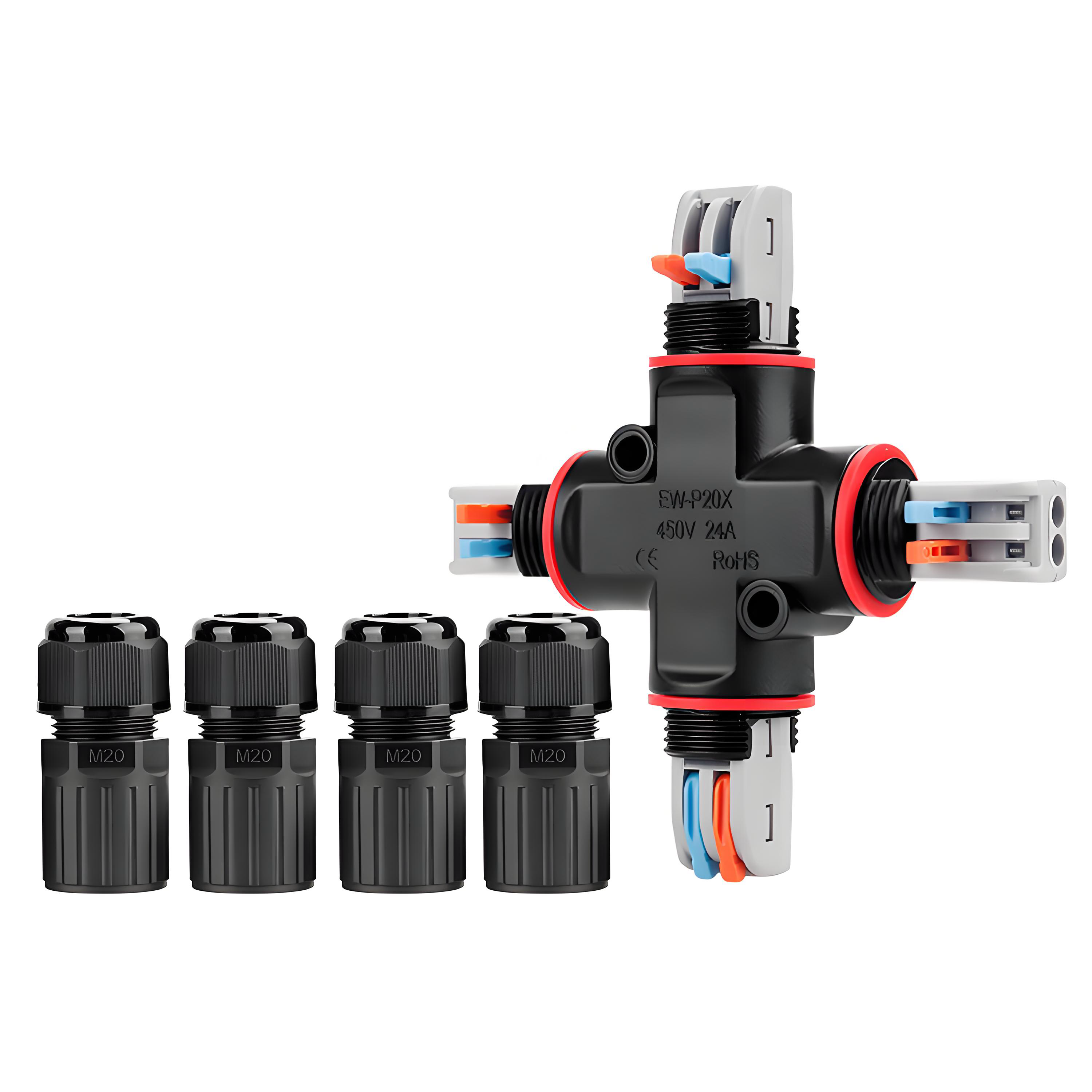 China P20X Waterproof Through Connector with 1-to-2 Ports UL94 V-0 Flame Resistance and 450V Rated for Tool-Free Fast Wiring on sale
