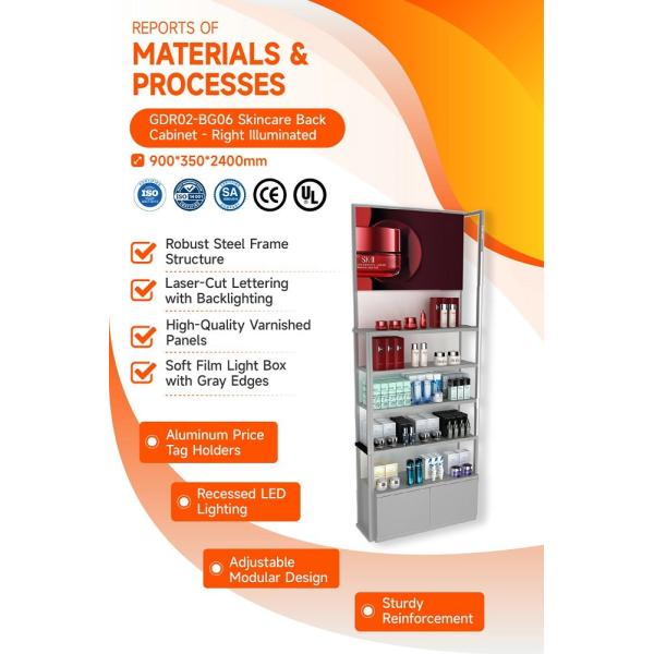 GDR02-BG06 Right Illuminated Skincare Display Cabinet with 60mm Soft Film Light Box and Laser Engraved Brand Logo for Fashion Boutiques