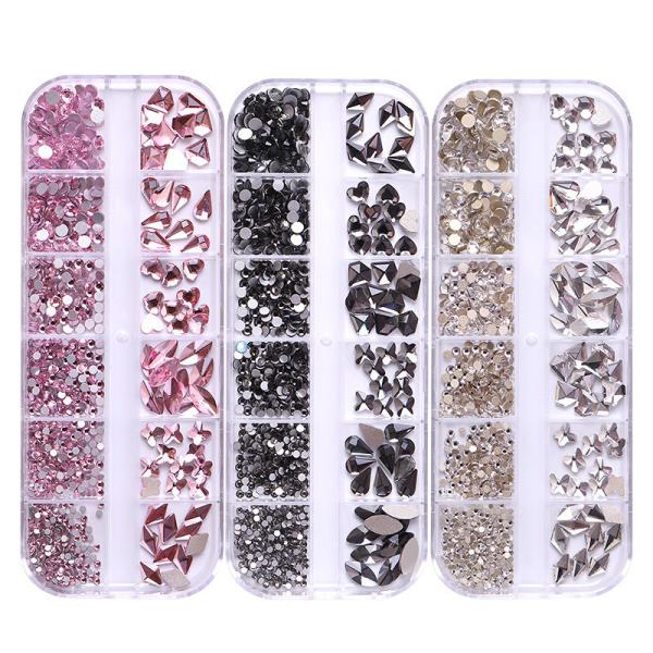 Nail Art Glass Stone strass 12 Grid/box Multi Shapes Mixed Sizes Flat Back Round