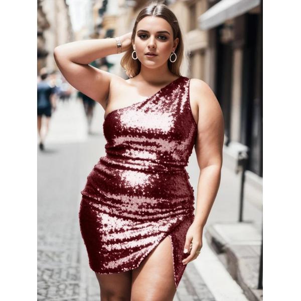 Glamorous High Slit One-shoulder Burgundy Sequin Bodycon Mini Short Cocktail Dress