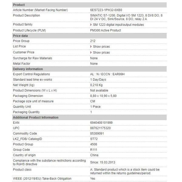 6ES7223-1PH32-0XB0 Siemens Digital I/O Module