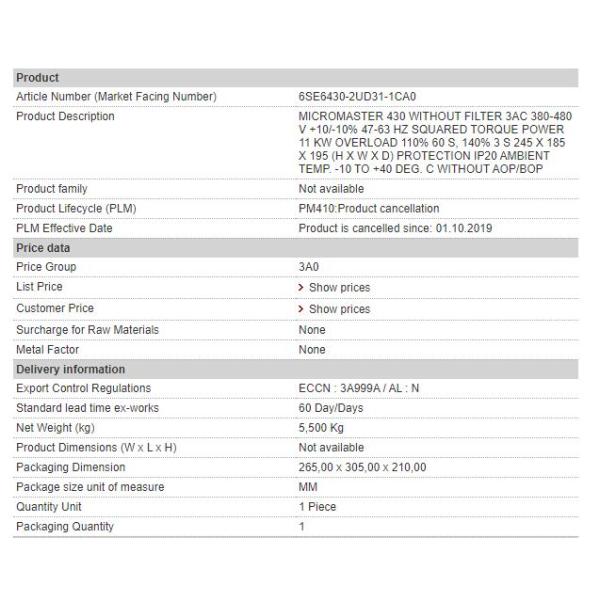 6SE6430-2UD31-1CA0 Siemens MICROMASTER 430 Drive