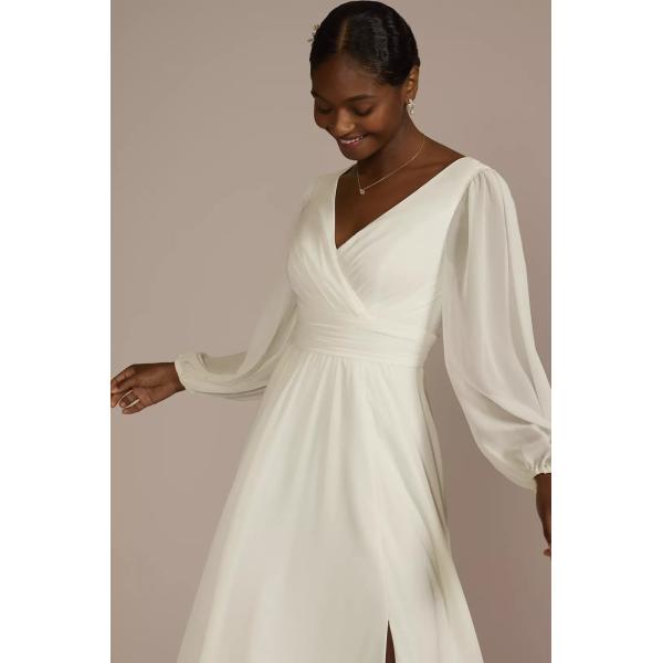 Dreamy Long Billow Sleeve A-line Keyhole Back Zipper V-neck Split Slit Pleated Ivory Chiffon Wedding Dress