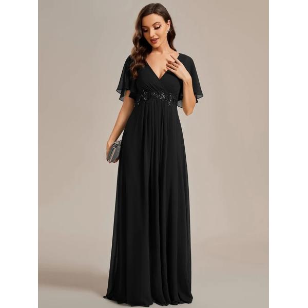 Sexy Empire Applique A-line Short Flutter Sleeves V-neck Invisible Zipper Black Chiffon Party Dress