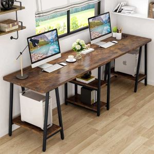 Metal Frame Modern Workstation Desk Brown Pvc Edging With Shelves