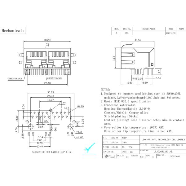 203310 Dual Port Gigabit Magnetic RJ45 Jack For Swiches boards Cross LPJG26813A31NL