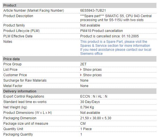 6ES5943-7UB21 6ES5 943-7UB21 Siemens CPU Module