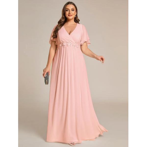 Empire Plus Size Applique Short Sleeve A-line V-neck Flutter Sleeves Invisible Zipper Dusty Navy Chiffon Bridesmaid Dres