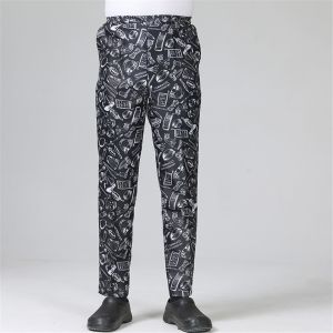 Restaurant Kitchen Print Chef Pants Elastic Waist With Zipper Fly