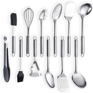 Multiapplication Stainless Steel Kitchen Utensil Set With Holder Rustresistant