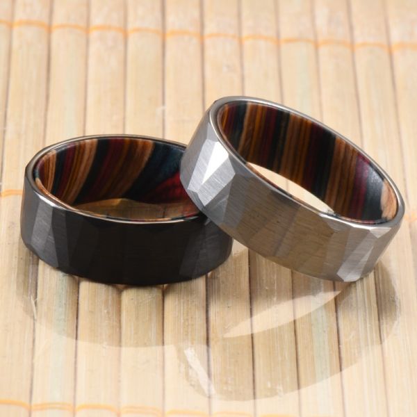 Sample Making Service 8mm Wedding Rings Box Elder Wood Colourful Hammered Black Faceted Tungsten Carbide Ring