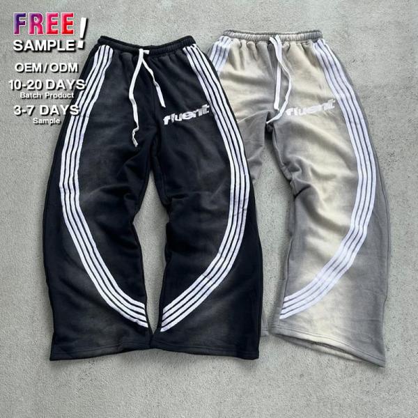 Buy Oem Custom Embroidery Print Logo 100 Cotton Heavyweight Striped Acid Wash Stacked Flared Sweat Pants Track Pant Sweatpants Men at wholesale prices