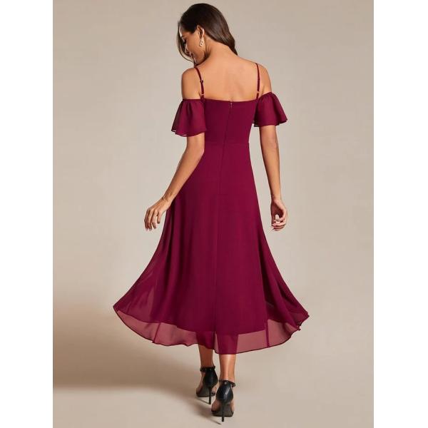 Empire Off-shoulder Spaghetti Strap Zipper High-low Wedding Guest Dresses Short Sleeves Burgundy Chiffon Evening Dress