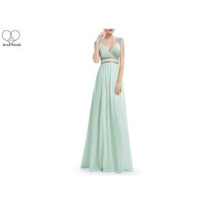 V Neck Girls Bridesmaid Dresses Waist Beading Sleeveless Back Hollow Out Chiffon