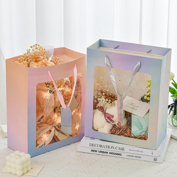 Buy Pastel Gradient Window Gift Bags with Ribbon Handles Transparent Floral Birthday gift at wholesale prices