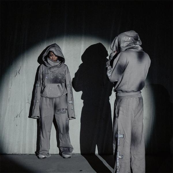 Custom Rhinestone Sweat Suit Pullover Distressed Masked Embroidered Patch