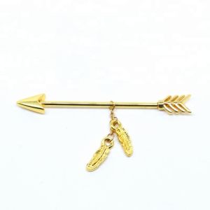 China Gold plated arrow industrial piercing bars with feather dangle on sale