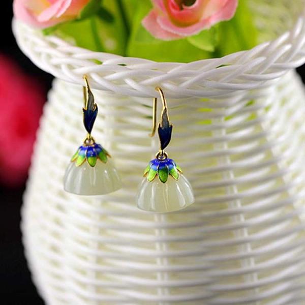 Retro Enamel 925 Silver Natural Hetian Jade Dangel Earrings (E17060201)