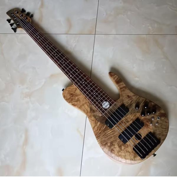 Custom 6 Strings Natural Ash Burl Spalted Maple Top Neck Through Body Electric Bass Guitar Black Imported Hardware, Accept Bass OEM