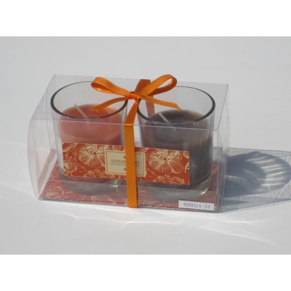 Buy 2pk Orange & Brown scented assorted glass candle with printed label,ribbon decor and packed into clear box at wholesale prices