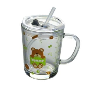China Cartoon Crystal Drinking Glass With Lid And Silicate Straw on sale