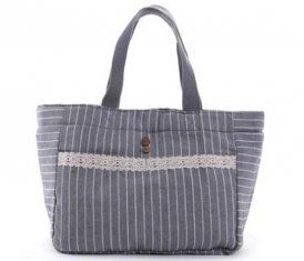 Gray Strip Insulated Cooler Lunch Bag with Drawstring Inside