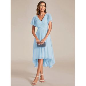 Chic V-neck High-low Short Flutter Sleeves A-line Ruffles Midi Invisible Zipper