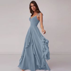 New Style V-neck Dusty Blue Chiffon Tiered A-line Bridesmaid Dress Zipper