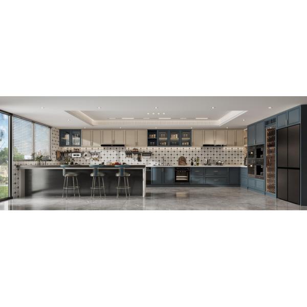 Versatile French Style Kitchen Cabinet With Indigo Blue And Cream Contrasting Design