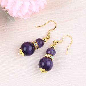 Purple Cat Eye Gemstone Drop Earrings Dangle 8MM 10MM Bead