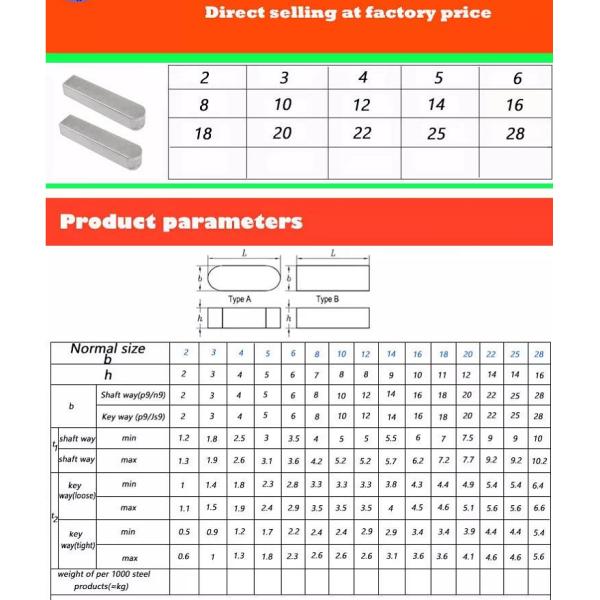 30mm35mm40mm50mm Galvanized Finish Din6885 Stainless Steel Pin Parallel Flat Shaft Key for Packaging Equipment