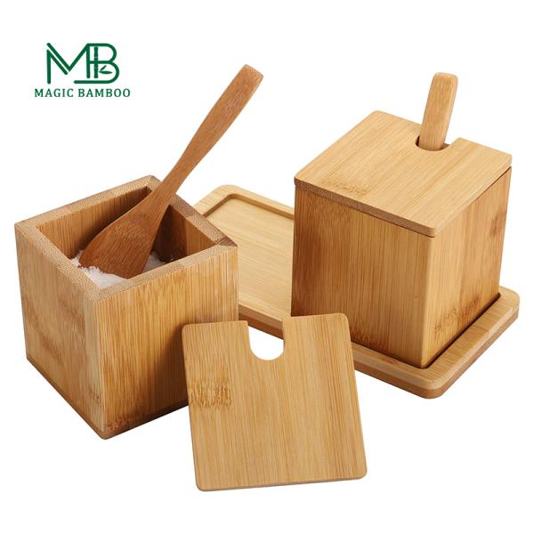 Natural Bamboo Square Salt Spice Herb Dry Storage Box With Lid Spoon 17x7.1x8.2cm